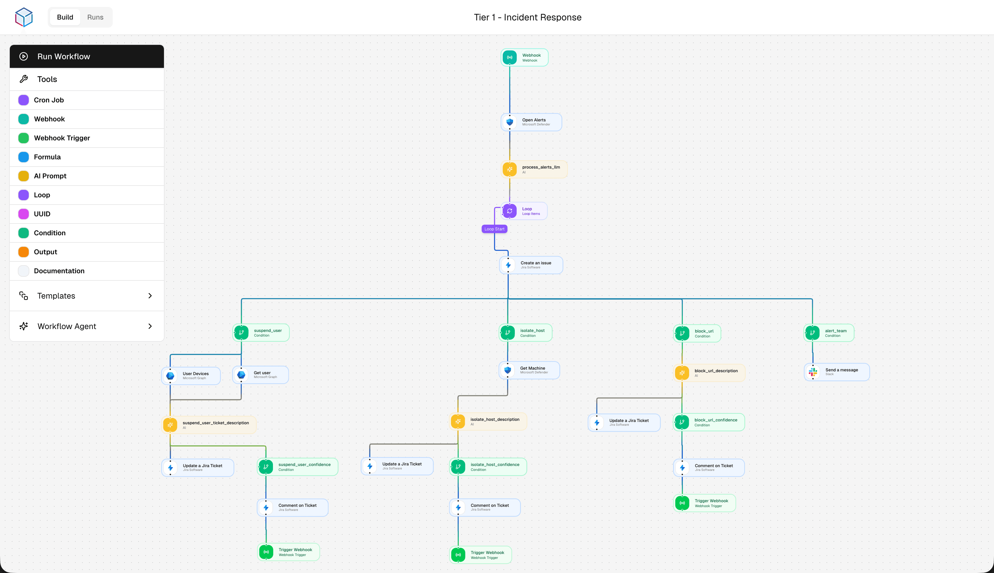 Tier 1 Incident Response playbook in the Deployer visual workflow builder