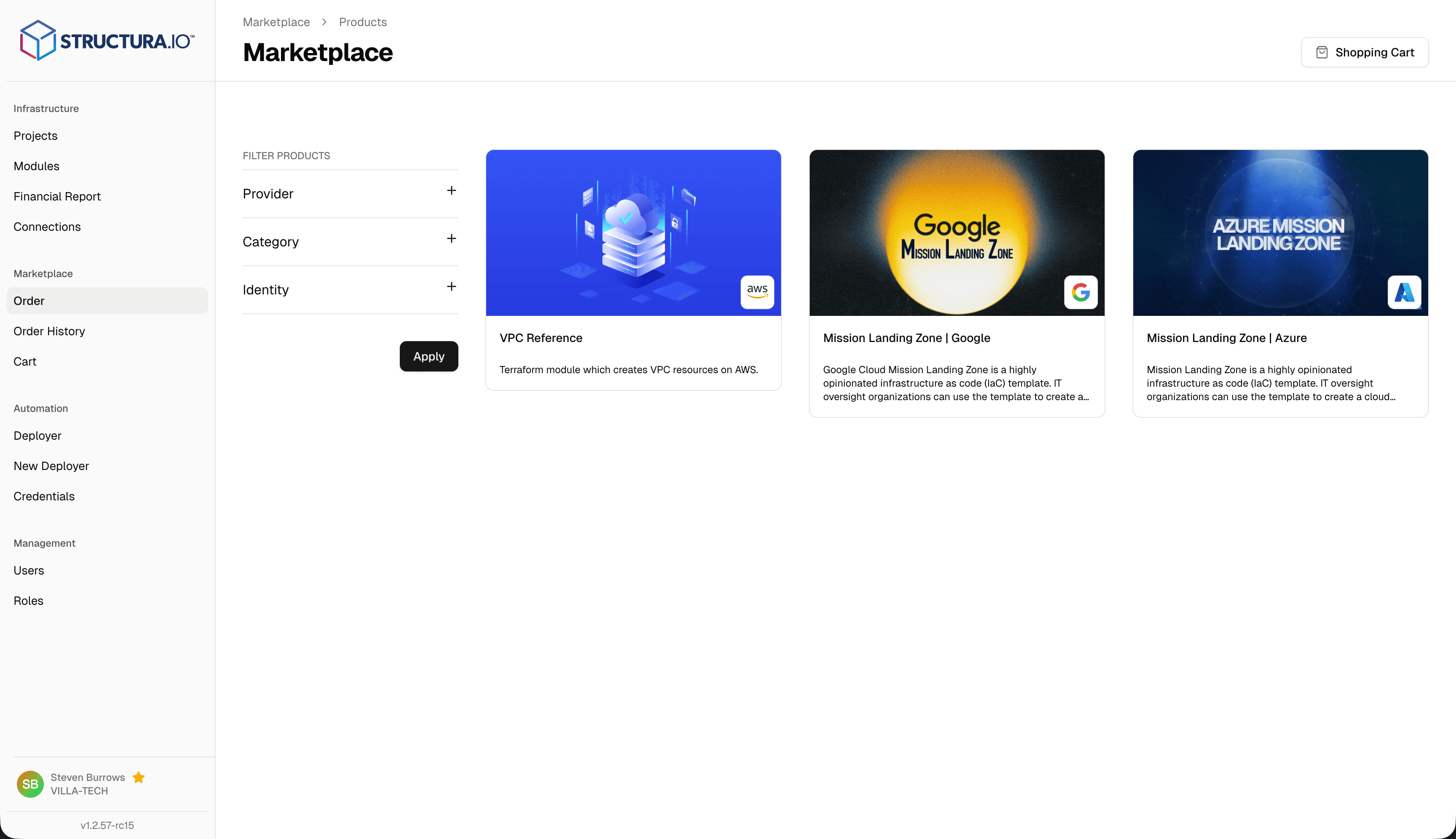 Marketplace storefront showing the Azure Mission Landing Zone module with Add to Cart, versioning, and SCCA-compliant deployment details