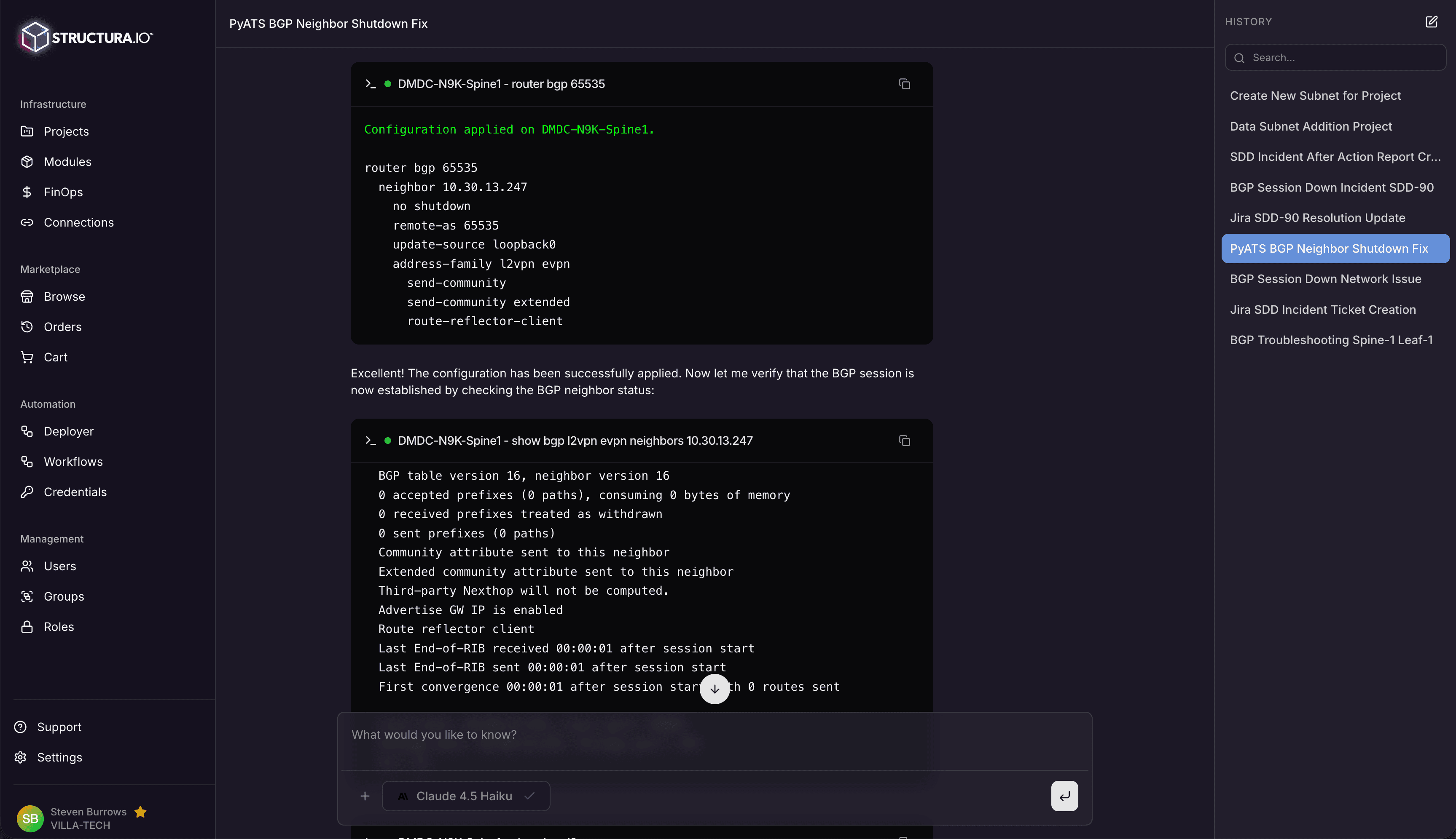 AI chat applying a BGP neighbor configuration fix on a Nexus switch and verifying the session is established
