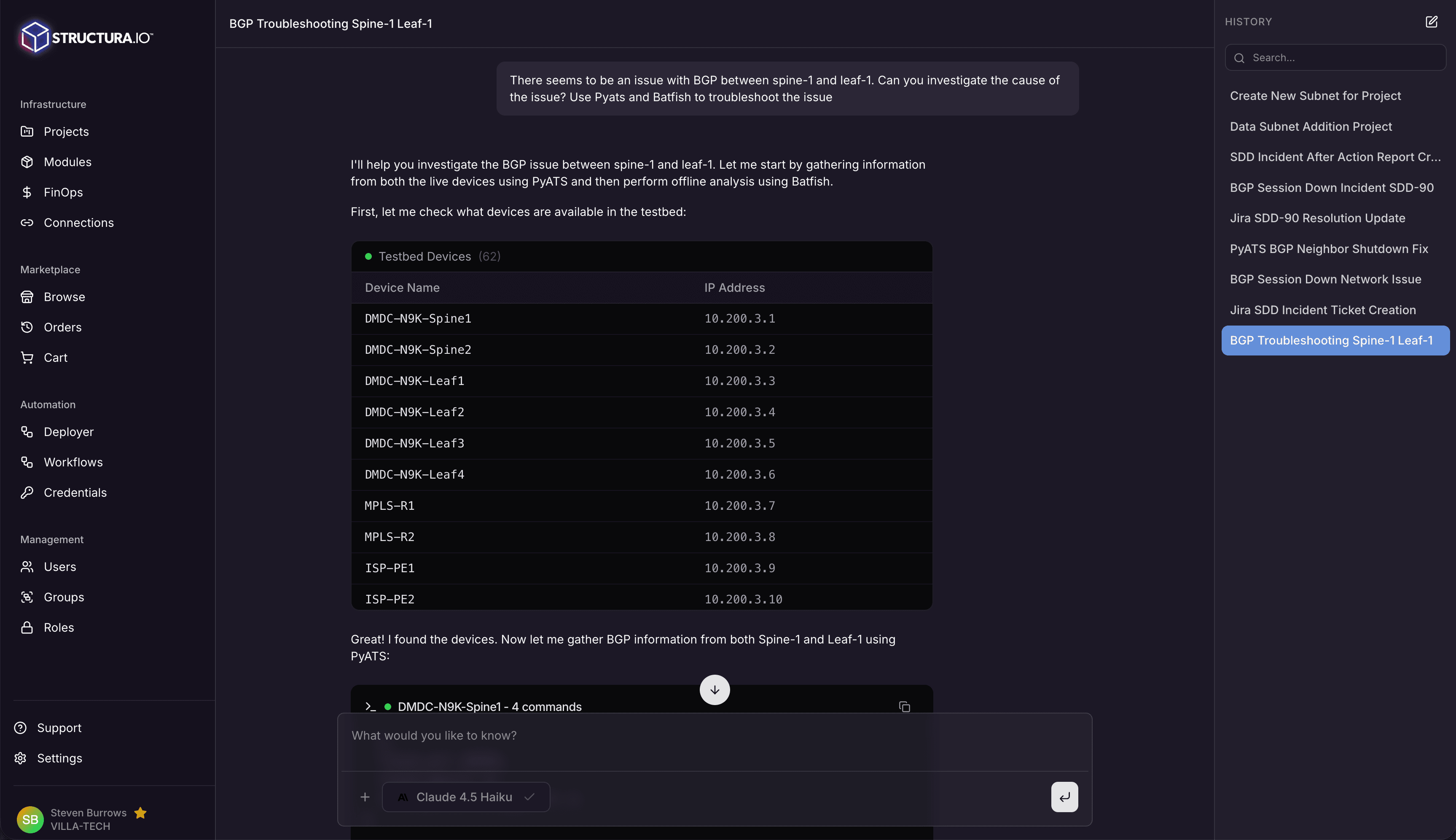 AI chat diagnosing a BGP issue between spine and leaf switches using PyATS, showing a testbed device table with Nexus switches and MPLS routers